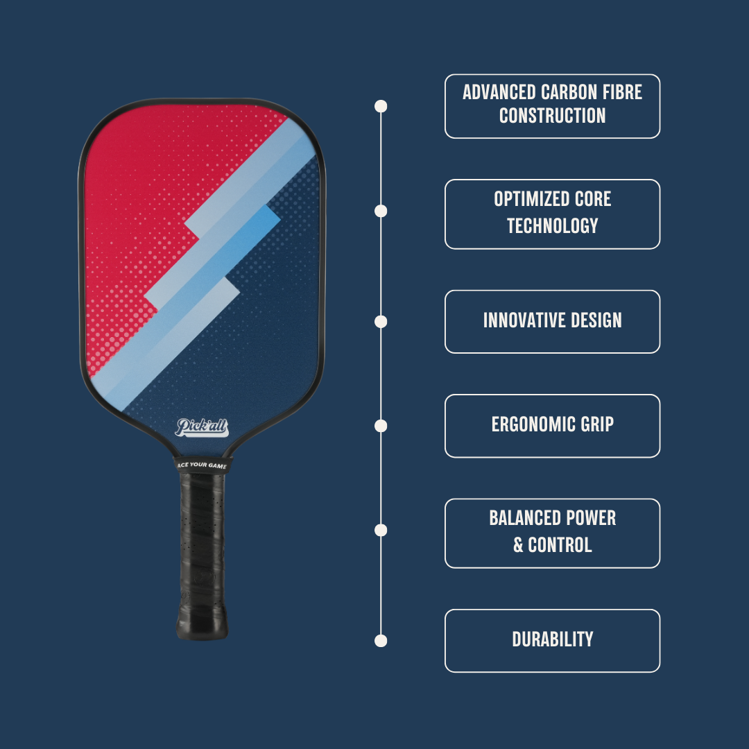 Pick’all Raw Carbon Fiber Strong Spin & Power Surface Thermoformed Long Face 16MM Ace Series Pickleball Paddle - Flash