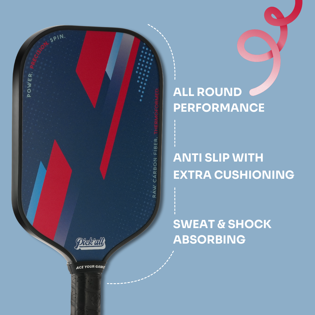 Pick’all Raw Carbon Fiber Strong Spin & Power Surface Thermoformed Long Face 16MM Ace Series Pickleball Paddle - Flash