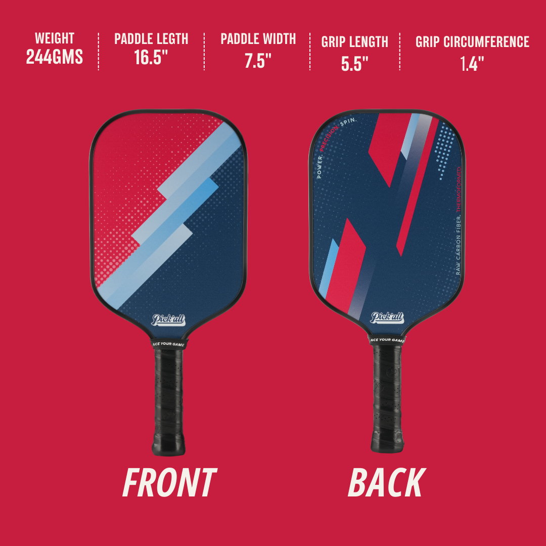 Pick’all Raw Carbon Fiber Strong Spin & Power Surface Thermoformed Long Face 16MM Ace Series Pickleball Paddle - Flash