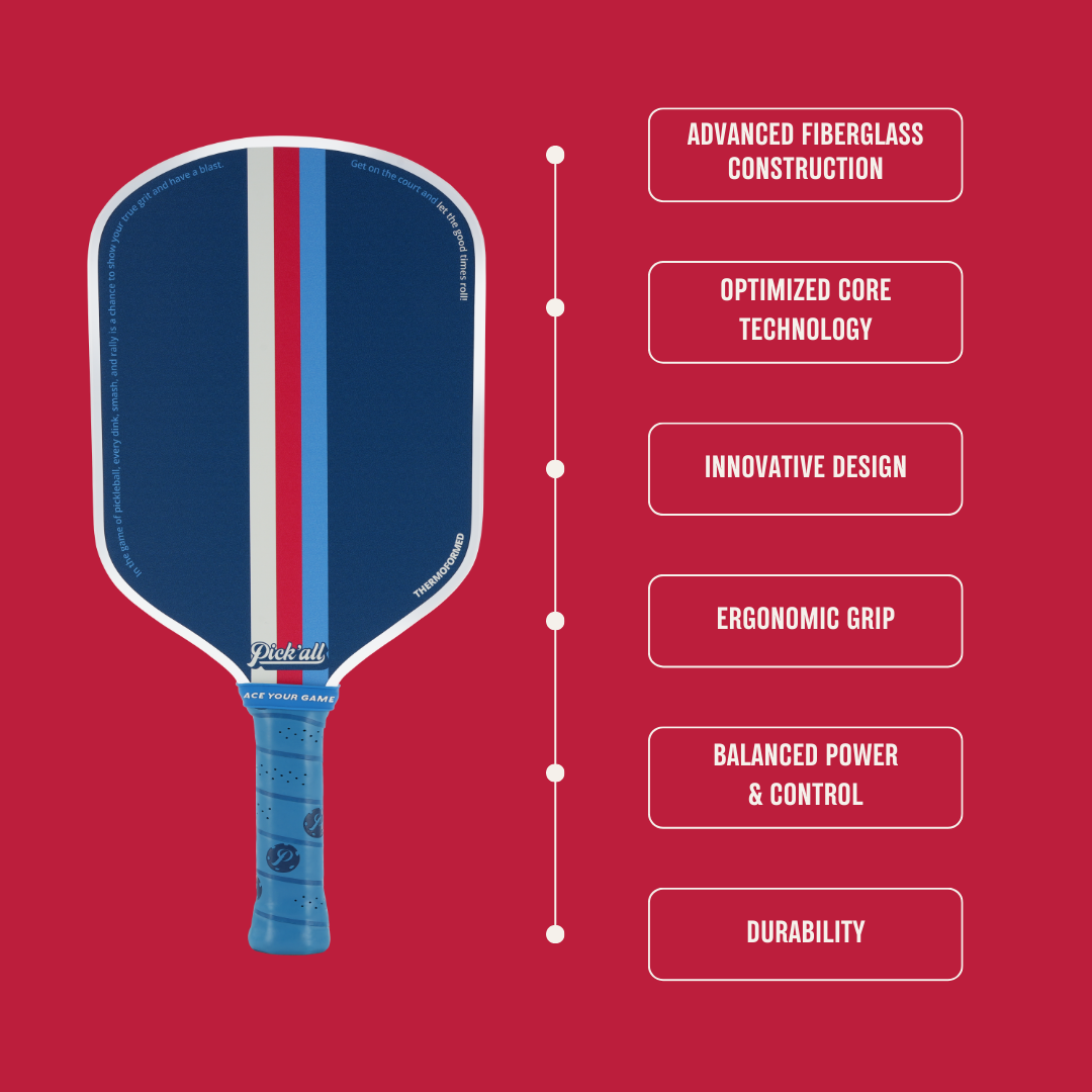 Pick’all Fiber Glass Power + Control + Spin Thermoformed Wide Face 16MM Leisure Series Pickleball Paddle - Winning Streak
